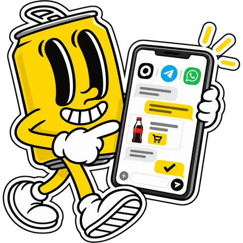 Маскот показывает на телефоне бизнес-чат в MAX, Telegram и WhatsApp